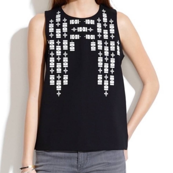 Madewell Stitch Frame Ponte Black Embroidered Tank Top - Picture 1 of 11
